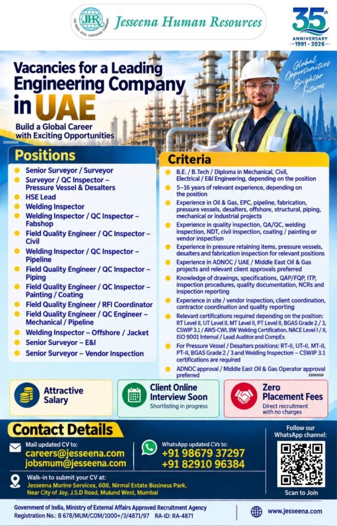 Job Vacancies for a Leading Engineering Company in UAE