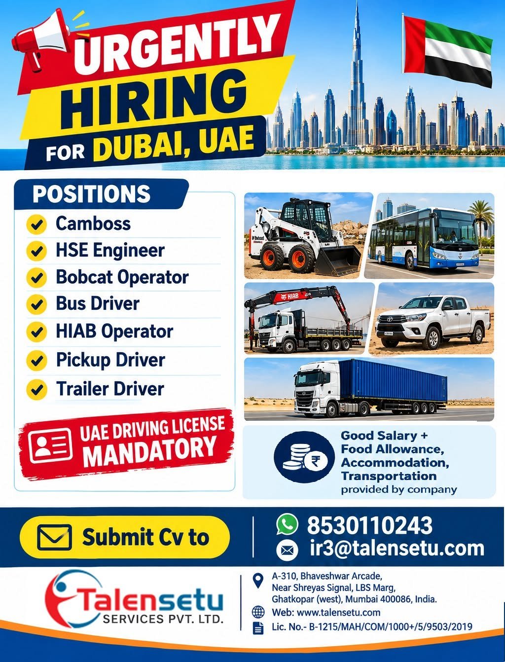 Dubai Jobs 2026 – Urgent Hiring | Drivers, Operators, HSE Engineer & Camp Boss
