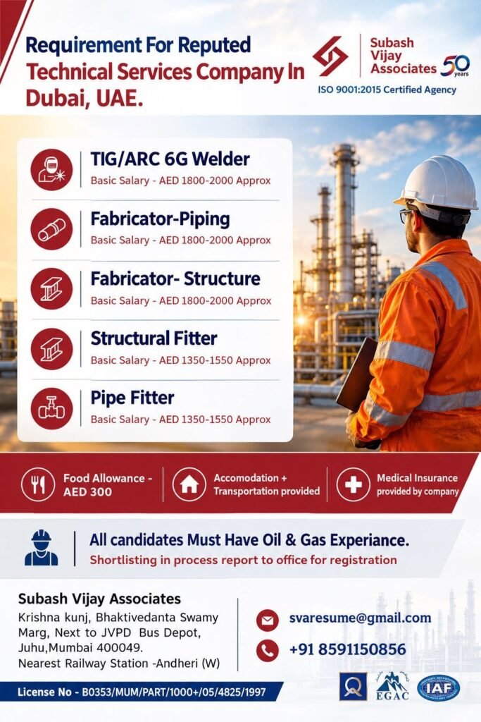 Dubai Jobs 2026 – Urgent Hiring for A reputed technical services company