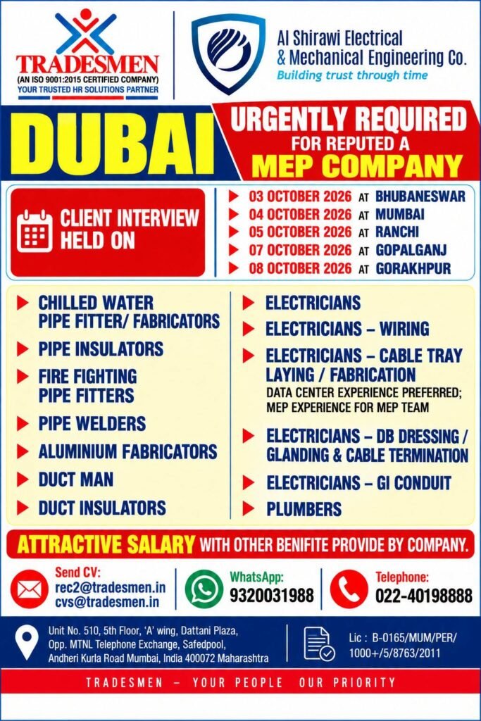 Dubai Jobs 2026 – Urgent Recruitment for MEP Company 