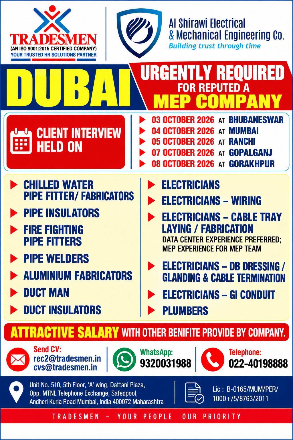 Dubai Jobs 2026 – Urgent Recruitment for MEP Company 