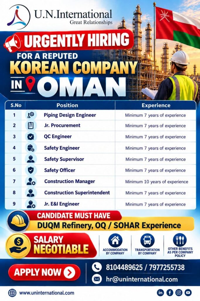 Oman Jobs 2026 – Urgent Recruitment for Korean Company | Engineers, Safety & Construction Vacancies
