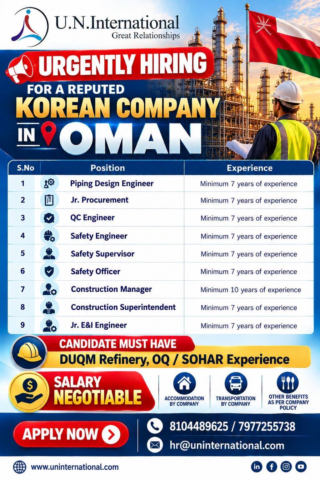 Oman Jobs 2026 – Urgent Recruitment for Korean Company | Engineers, Safety & Construction Vacancies