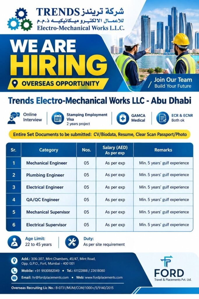UAE Jobs 2026 – Hiring For Trends Electro-Mechanical Works LLC