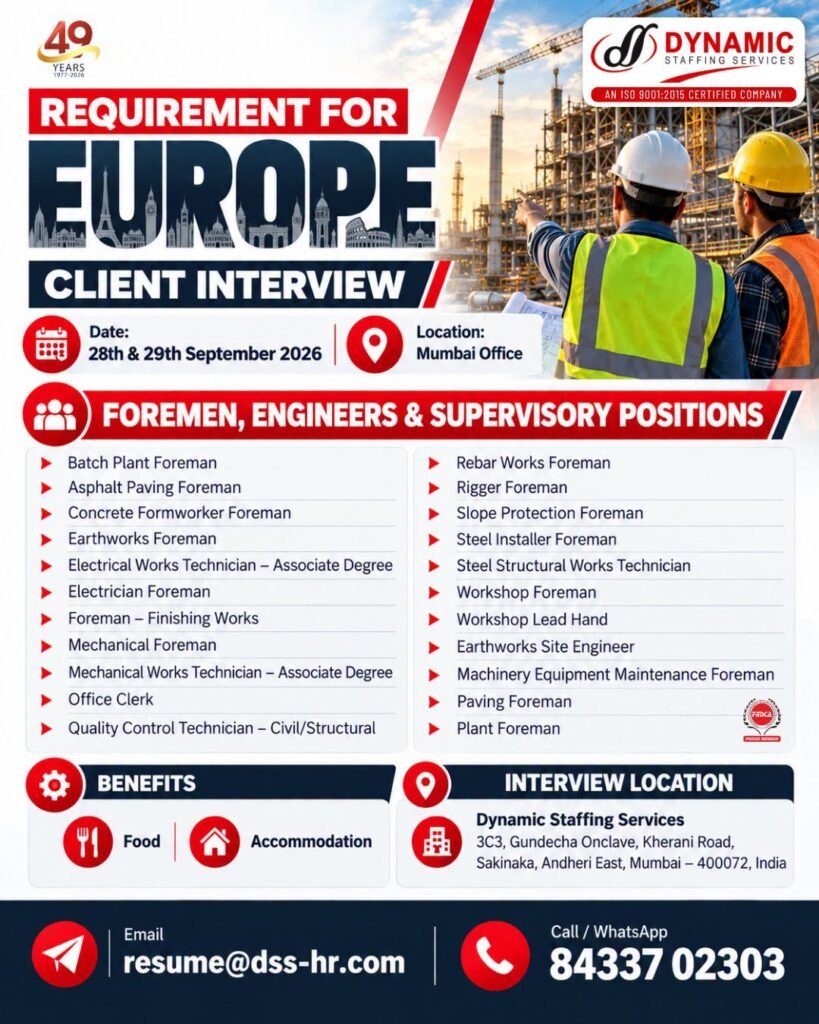 Europe Jobs 2026 – Hiring for Foremen, Engineers & Supervisory Positions Europe Jobs 2026 – Hiring for Foremen, Engineers & Supervisory Positions