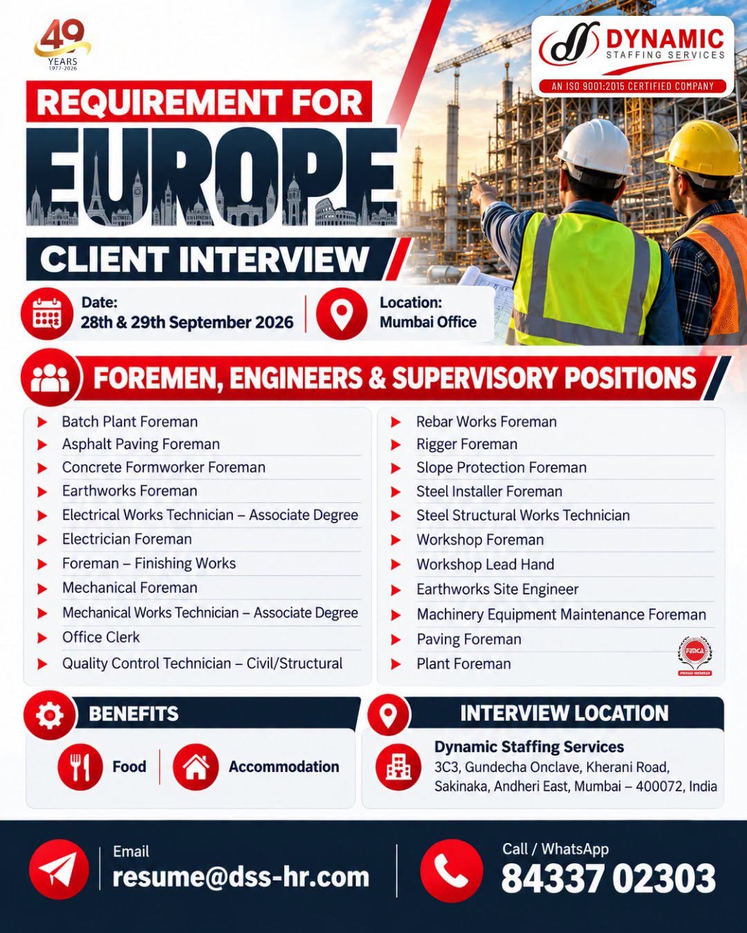 Europe Jobs 2026 – Hiring for Foremen, Engineers & Supervisory Positions