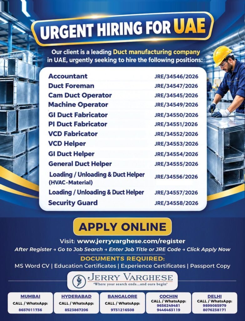 Urgent Hiring For a leading Duct manufacturing company in UAE