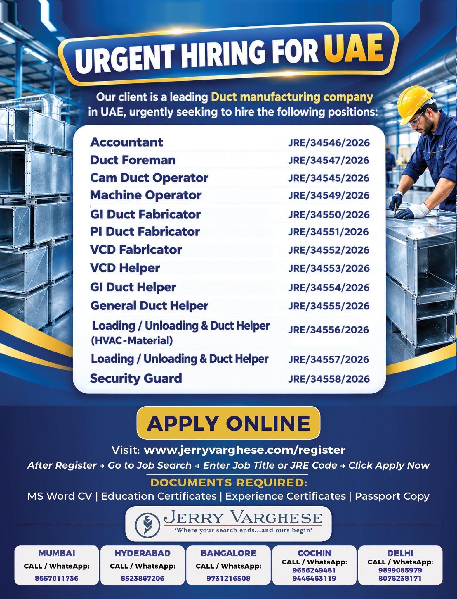 Urgent Hiring For a leading Duct manufacturing company in UAE