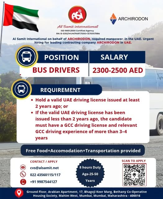 Urgently hiring Bus Drivers for a leading contracting company in UAE
