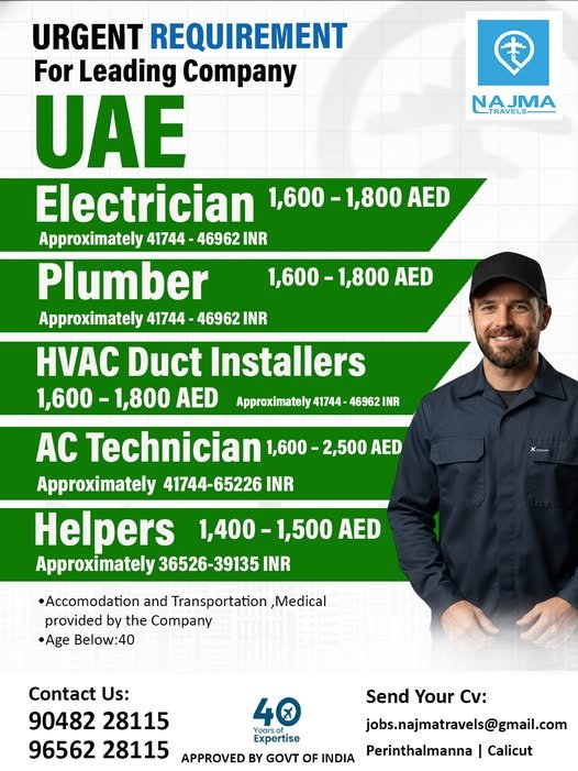 UAE Jobs 2026 – Urgent Recruitment for Electricians, Plumbers, HVAC Technicians & Helpers
