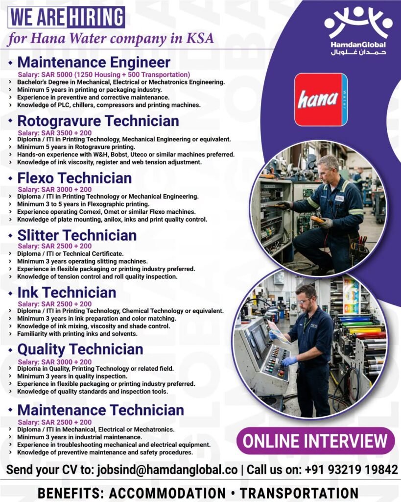 hiring for Hana Water Company in Saudi Arabia