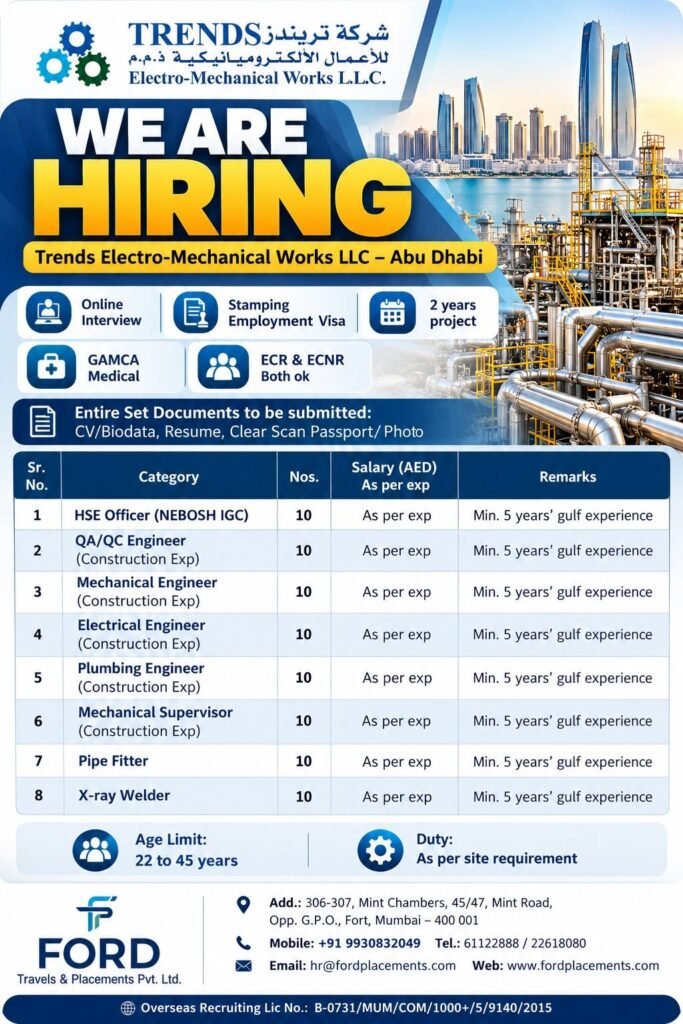 Trends Electro-Mechanical Works LLC Abu Dhabi Jobs 2026 – 80 Vacancies | Online Interview Trends Electro-Mechanical Works LLC Abu Dhabi Jobs 2026 – 80 Vacancies | Online Interview
