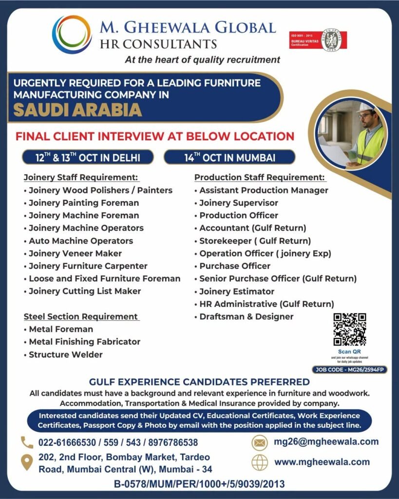 UAE Furniture Manufacturing Jobs 2026 – Joinery, Production, Steel Fabrication and Other Vacancies