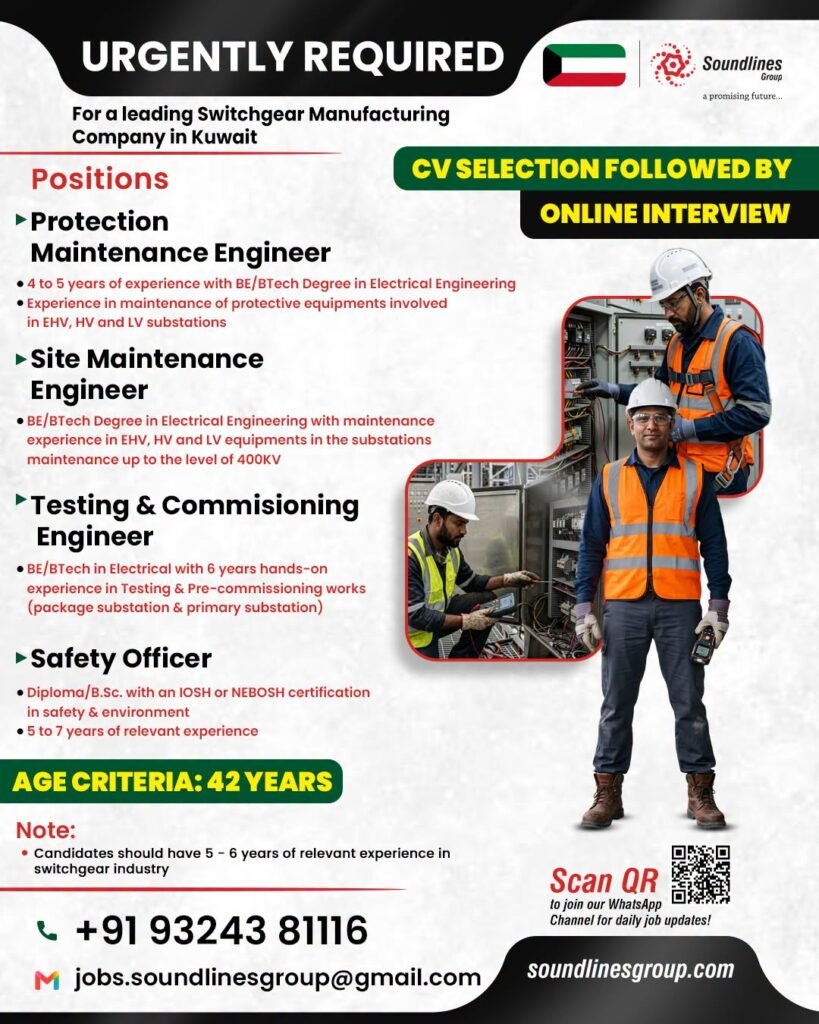Recruitment For a leading Switchgear Manufacturing Company in Kuwait