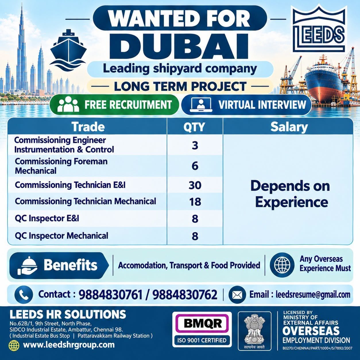 Dubai Shipyard Jobs 2026 – Commissioning Engineers, Foremen, Technicians and QC Inspectors