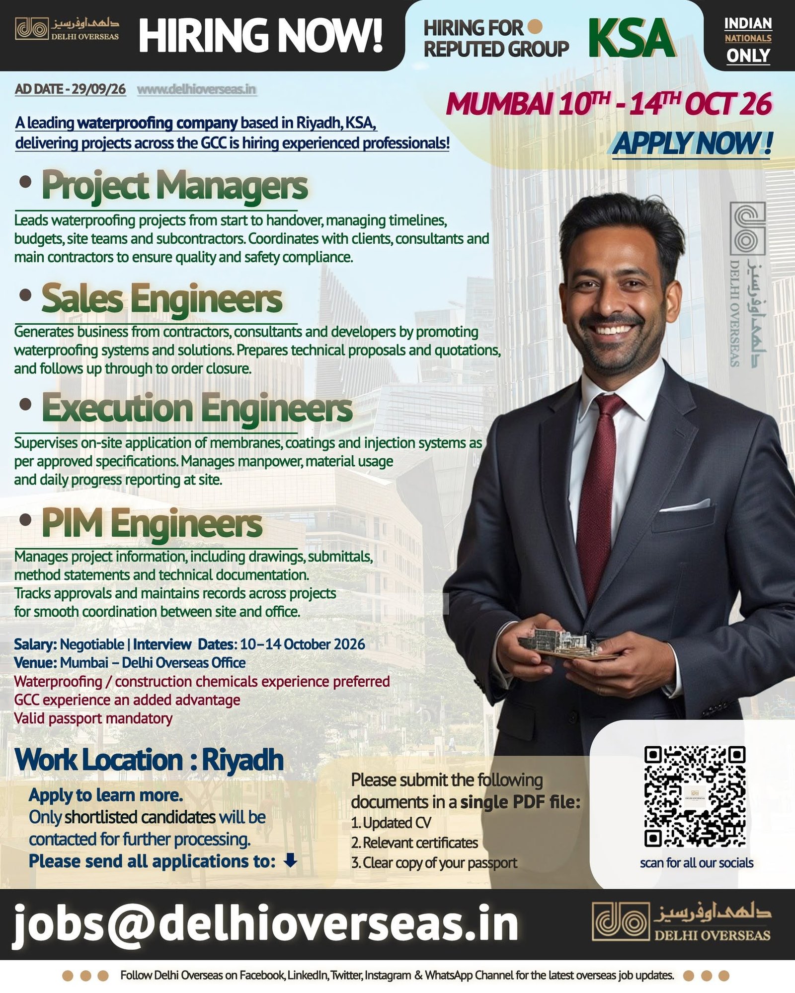 Hiring for a reputed waterproofing company in Riyadh Saudi Arabia 