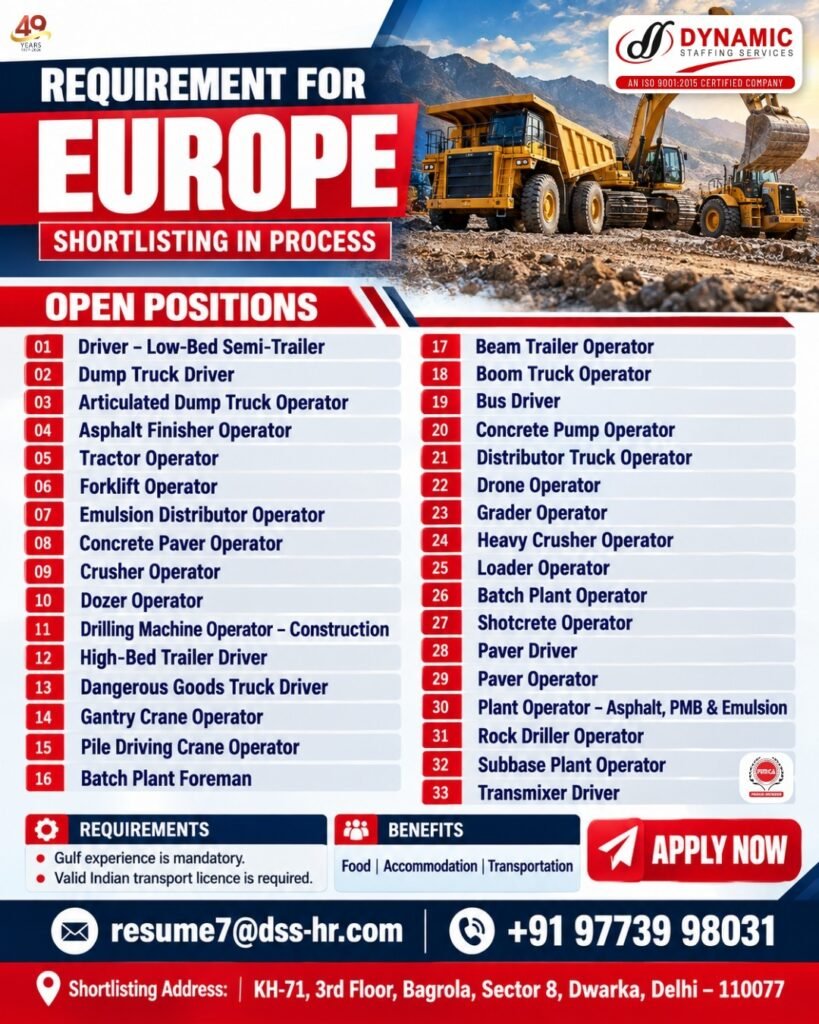 Europe Jobs 2026 – Urgent Recruitment for Drivers, Heavy Equipment & Plant Operators