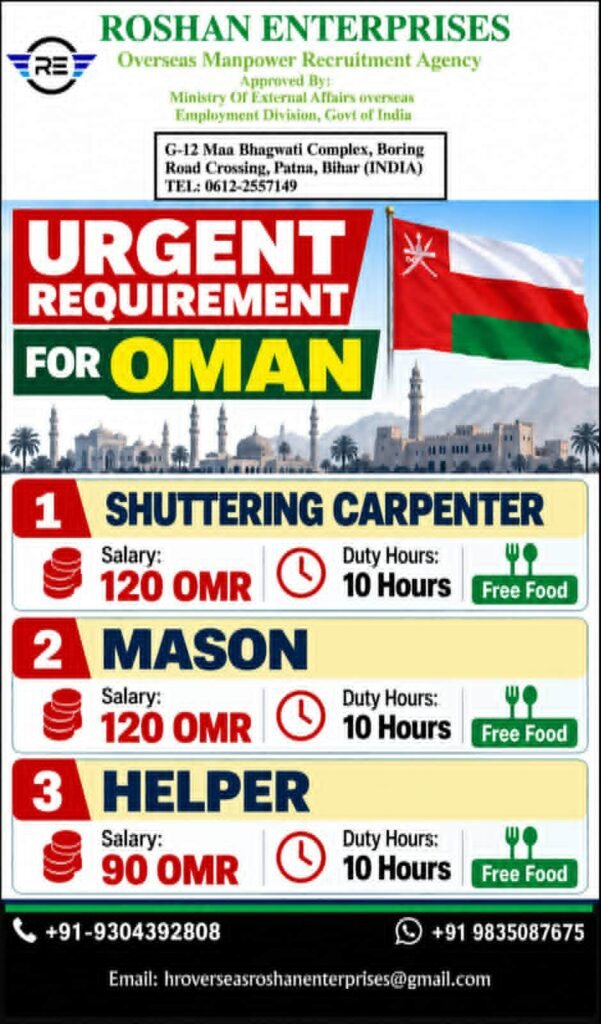 Oman Jobs 2026 – Urgent Hiring for Shuttering Carpenter, Mason & Helper