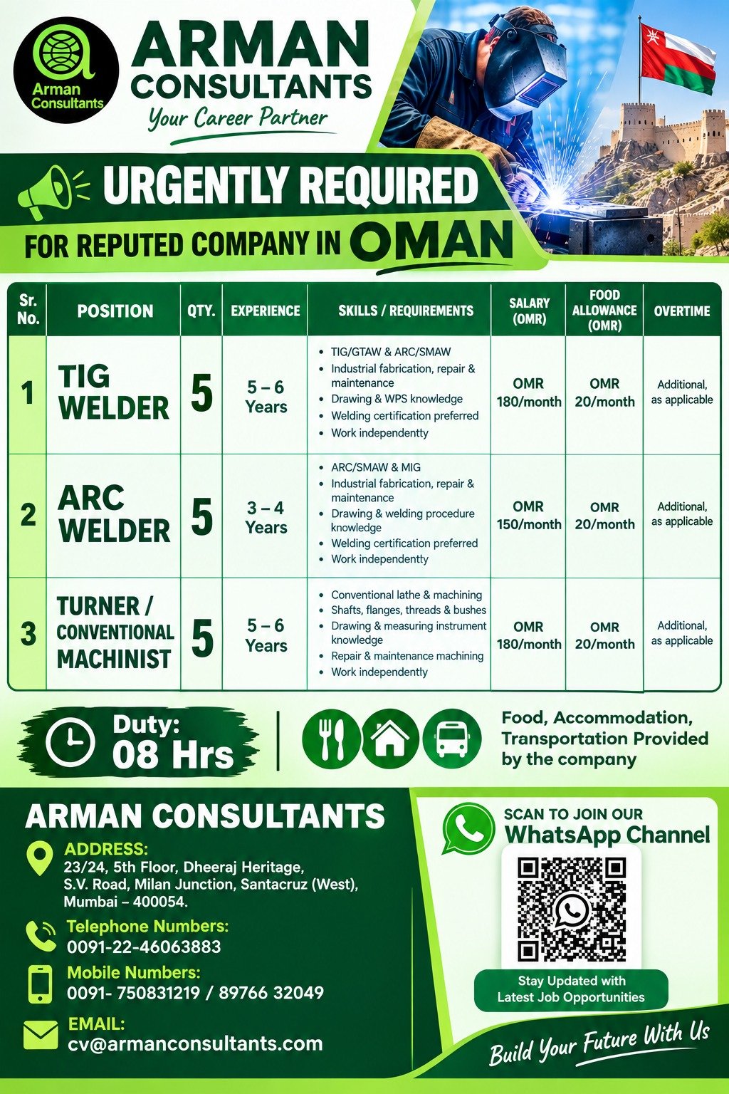 Oman Jobs 2026 – Urgent Recruitment for TIG Welder, ARC Welder & Turner