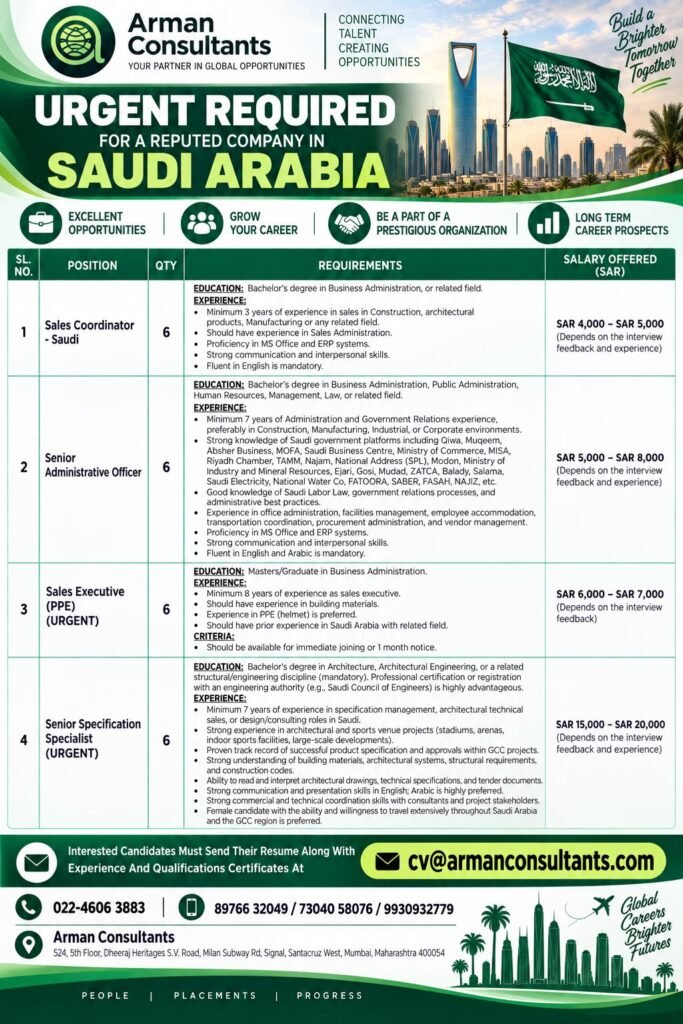 Saudi Arabia Jobs 2026: Urgent Vacancies for Sales, Administration and Specification Specialists Saudi Arabia Jobs 2026: Urgent Vacancies for Sales, Administration and Specification Specialists