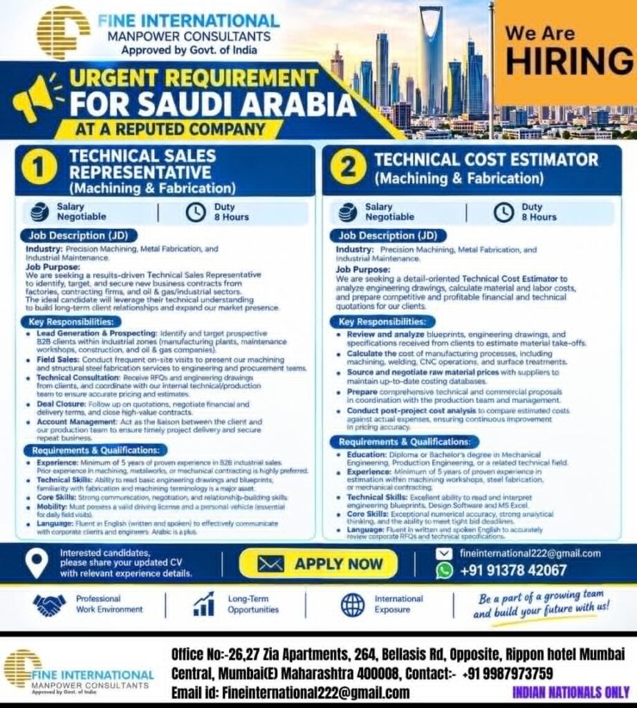 Saudi Arabia Jobs 2026: Urgent Hiring for Technical Sales Representative and Cost Estimator