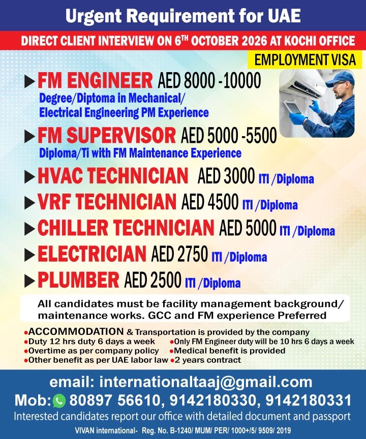 UAE Jobs 2026: Urgent Recruitment for facility management and maintenance
