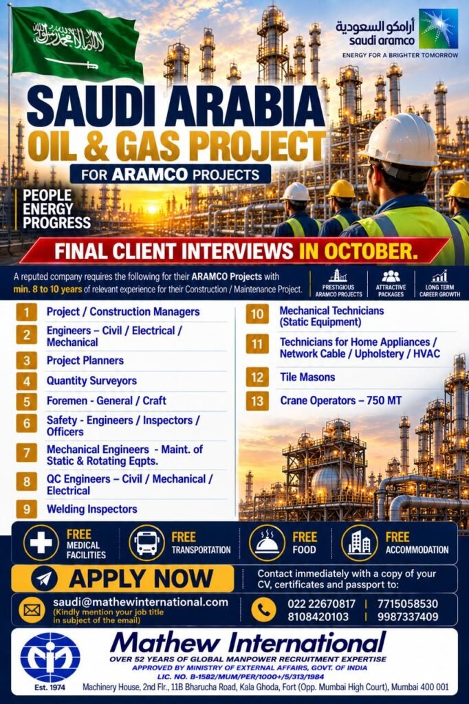Saudi Arabia Oil & Gas Jobs 2026 – Aramco Project Vacancies Saudi Arabia Oil & Gas Jobs 2026 – Aramco Project Vacancies