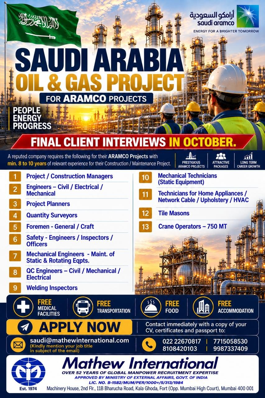 Saudi Arabia Oil & Gas Jobs 2026 – Aramco Project Vacancies