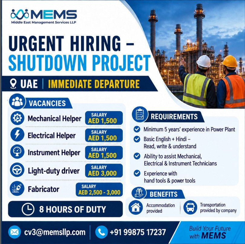 UAE Shutdown Project Jobs 2026: Urgent Vacancies 