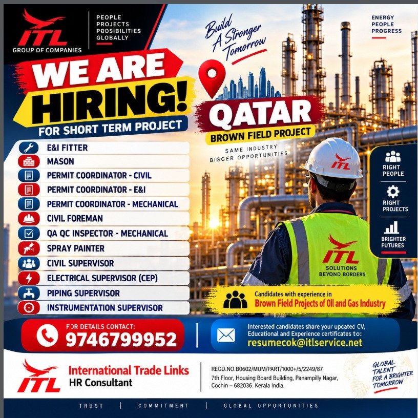 Hiring for an upcoming Brown Field Project in Qatar