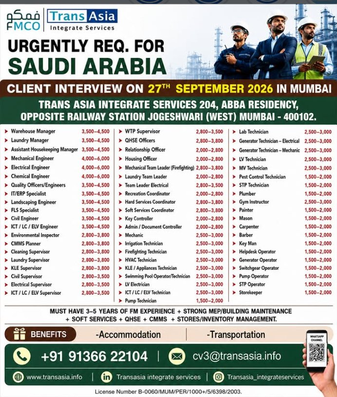 Saudi Arabia FMCO Jobs 2026: hiring for 100+ roles across