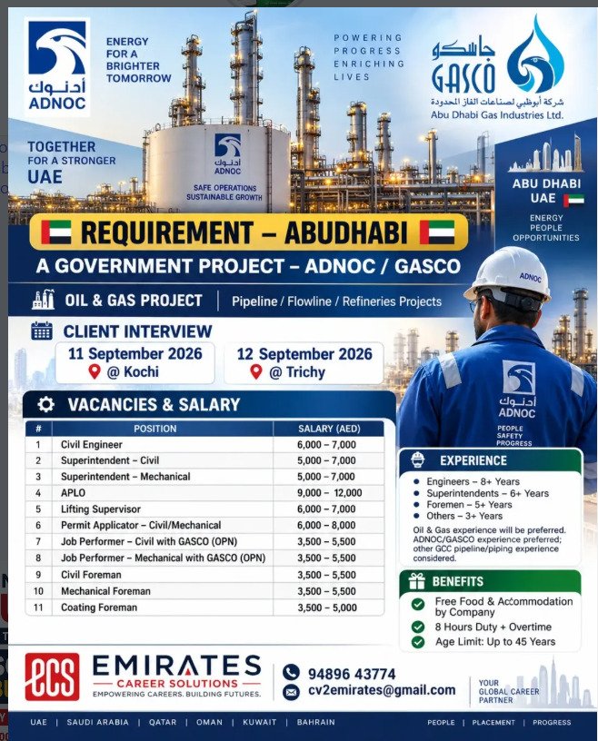 UAE Abu Dhabi Jobs 2026:  Hiring Engineers, Supervisors and Foremen