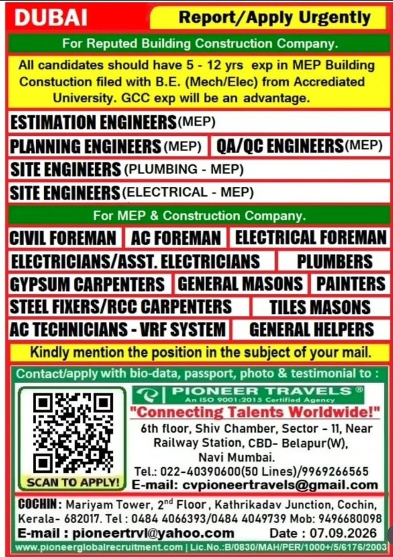 Dubai Jobs 2026: MEP and Construction Vacancies for Engineers, Foremen, Technicians and Skilled Workers Dubai Jobs 2026: MEP and Construction Vacancies for Engineers, Foremen, Technicians and Skilled Workers