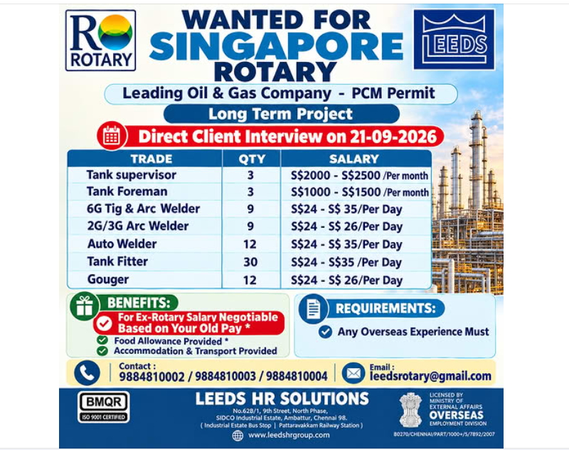 Hiring for ROTARY SINGAPORE (PCM Permit)