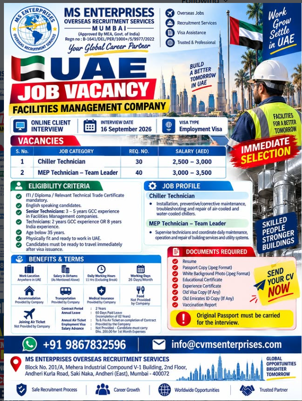 Recruitment for A leading Facility Management Company in Dubai