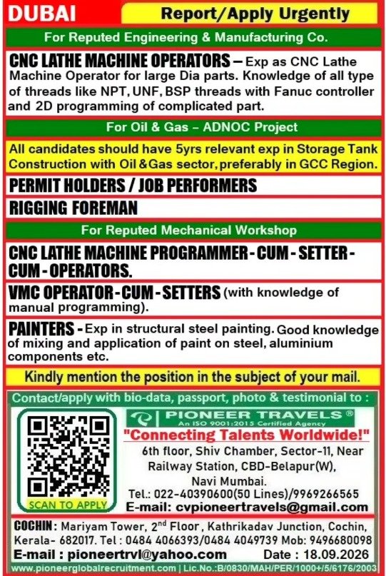Dubai Jobs 2026 – CNC Operators, Rigging Foreman, Job Performers & Mechanical Workshop Vacancies