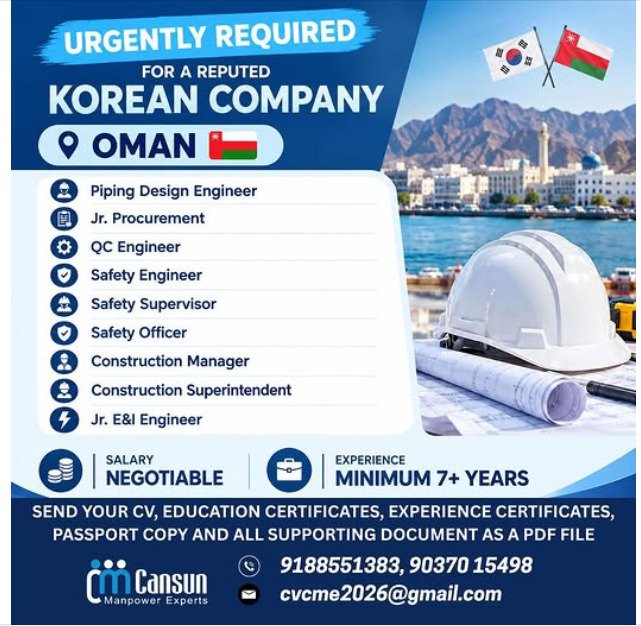 Oman Jobs 2026 – Korean Company Hiring Engineers, Safety Professionals and Construction Staff