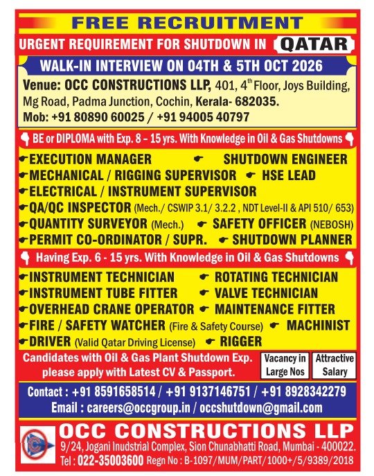 Qatar Shutdown Jobs 2026 – OCC Constructions Hiring 