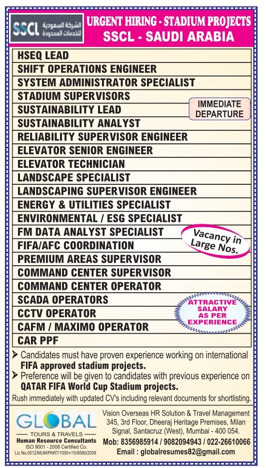 Saudi Arabia Stadium Project Jobs 2026 – SSCL Hiring for Engineers, Supervisors, Operators and Specialists