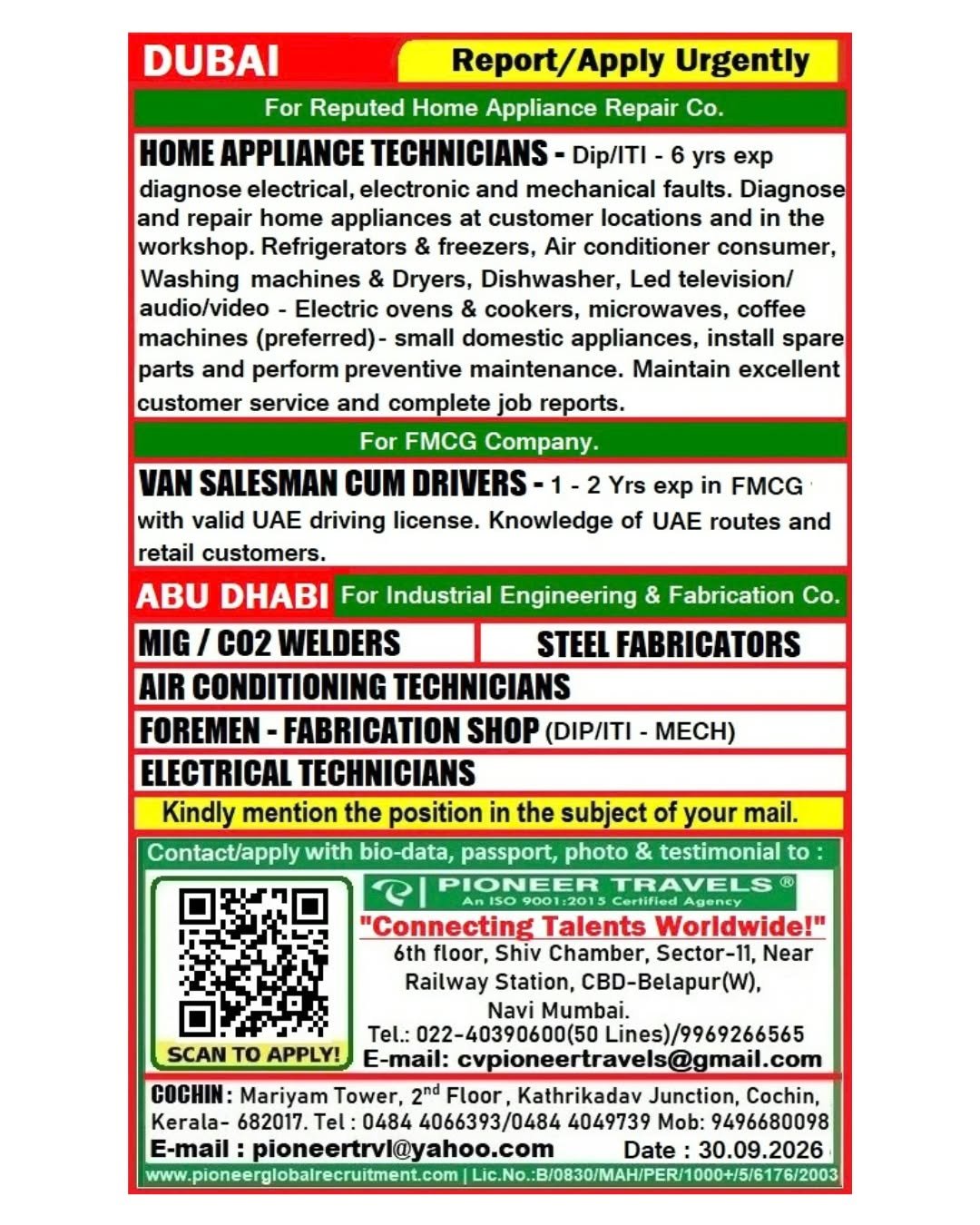 Urgent Hiring For Abudhabi & Dubai