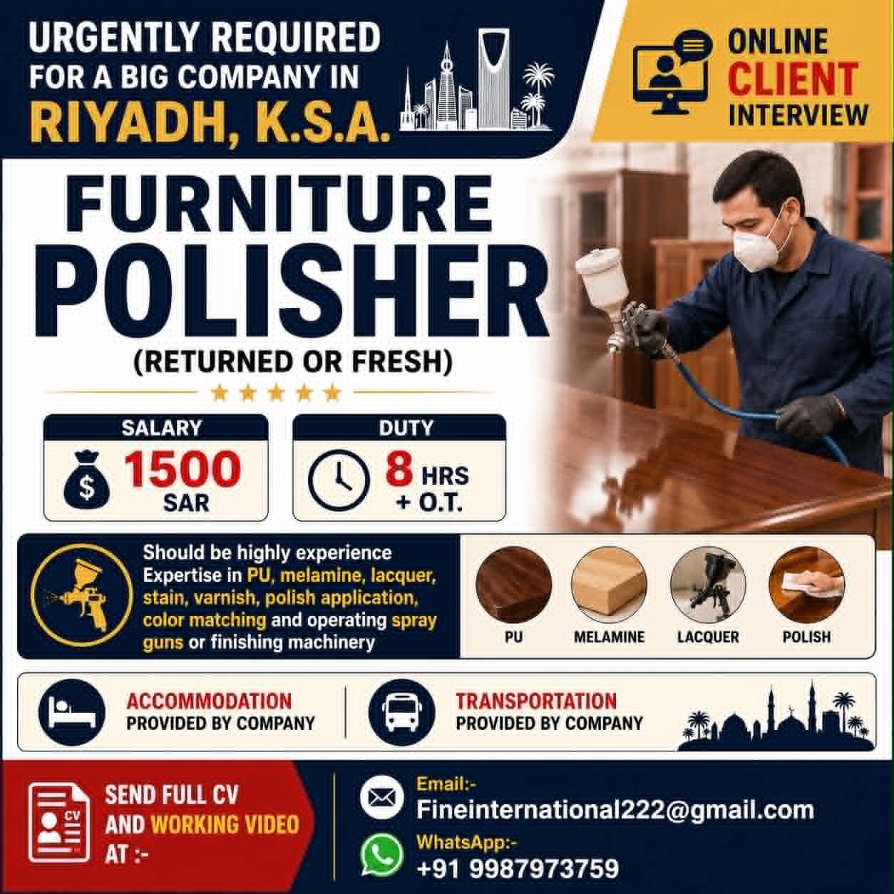 Furniture Polisher Jobs in Riyadh, Saudi Arabia – Urgent Hiring