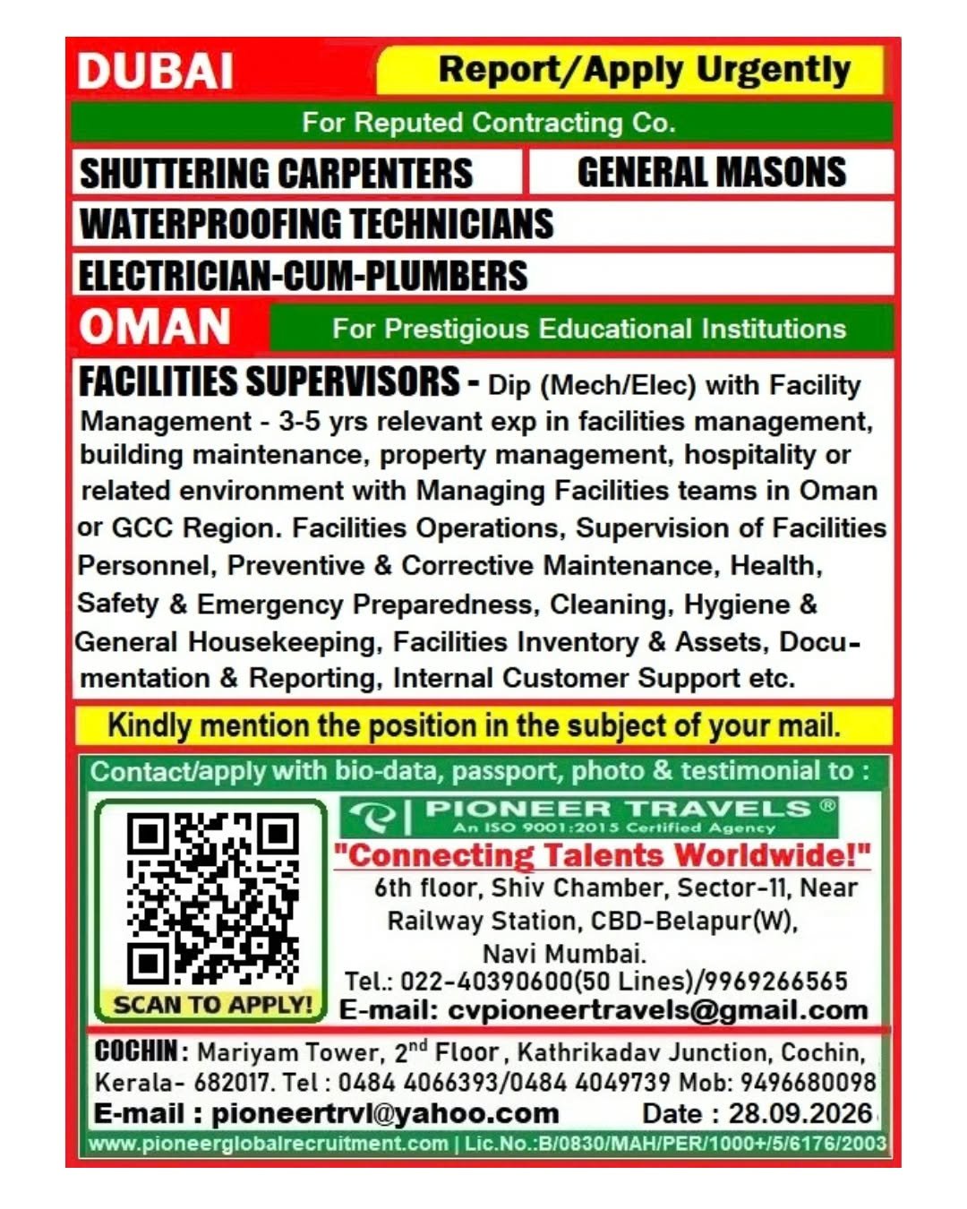 Urgent Hiring For Oman & Dubai