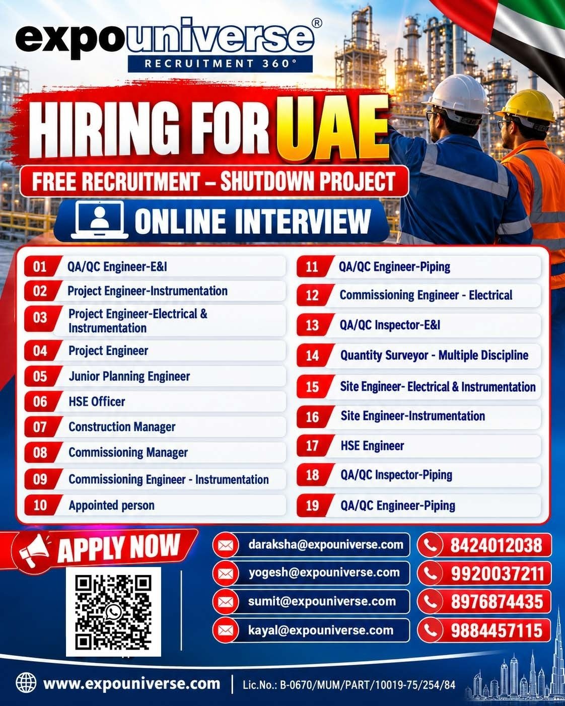 UAE Jobs 2026 – Shutdown Project Hiring for QA/QC, Engineering, HSE & Commissioning Positions
