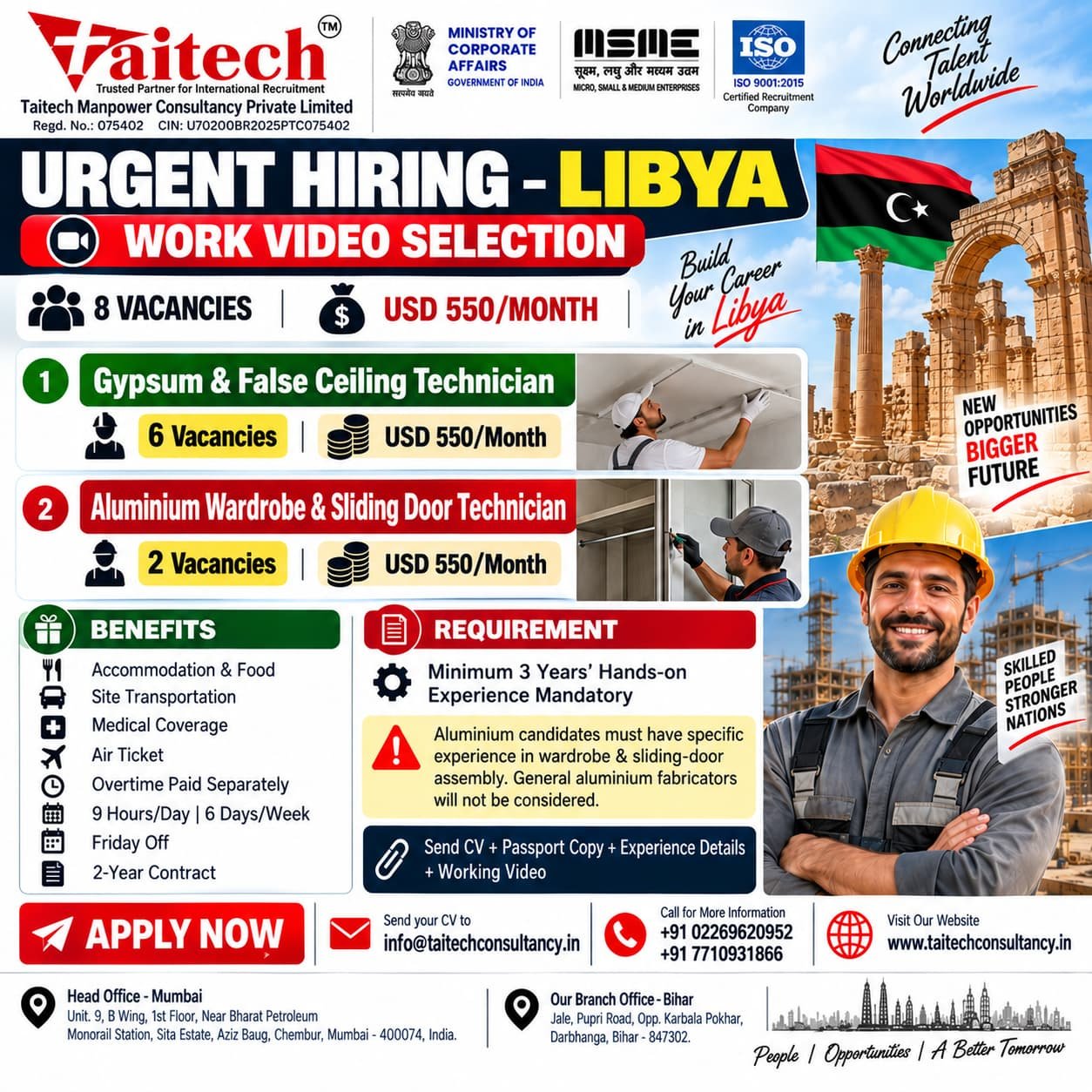 Libya Jobs 2026 – Urgent Hiring for Gypsum & Aluminium Technicians