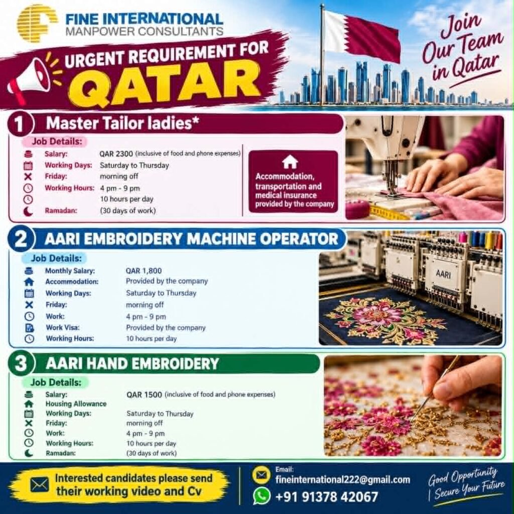 Qatar Jobs 2026: Urgent Vacancies for Master Tailor, Aari Embroidery Machine Operator and Aari Hand Embroidery