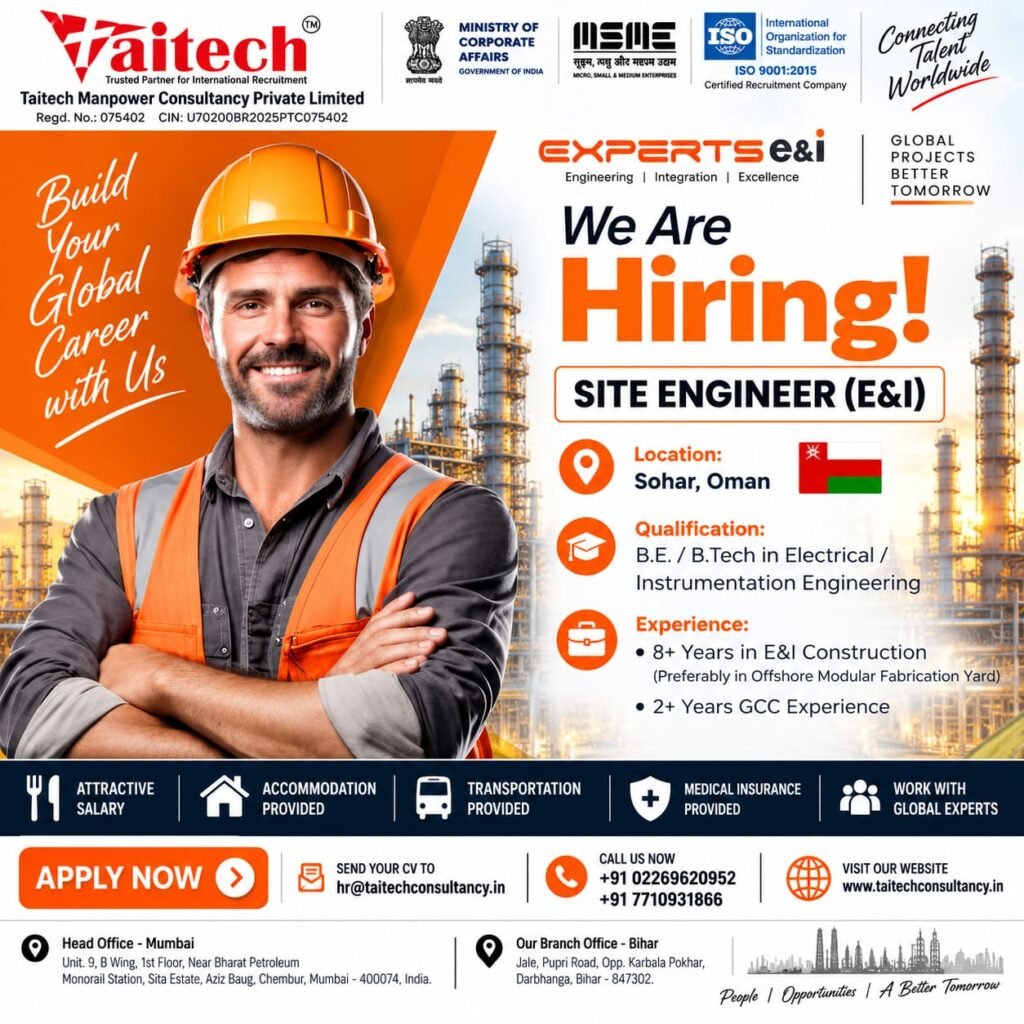 Oman Jobs 2026: Site Engineer (E&I) Vacancy in Sohar 