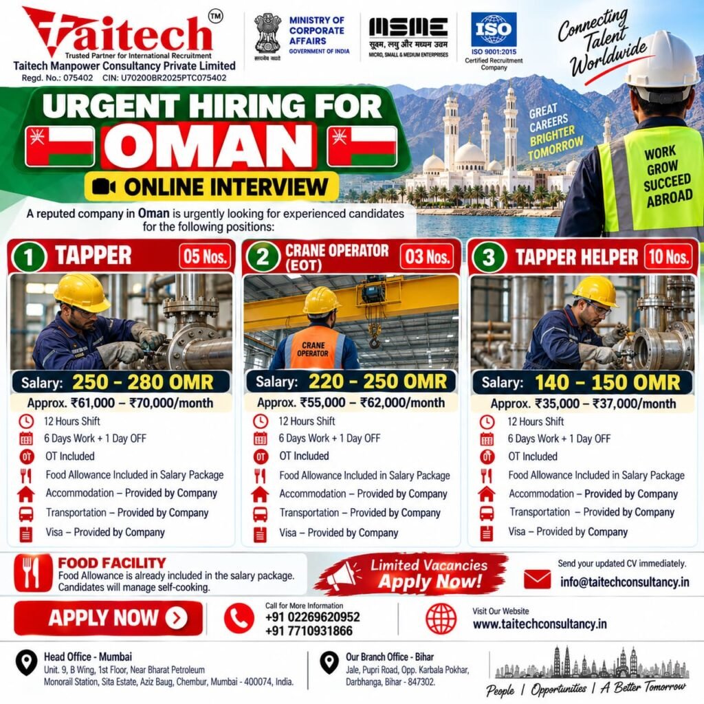 Oman Jobs 2026 – Urgent Recruitment | Tapper, Crane Operator & Tapper Helper Oman Jobs 2026 – Urgent Recruitment | Tapper, Crane Operator & Tapper Helper