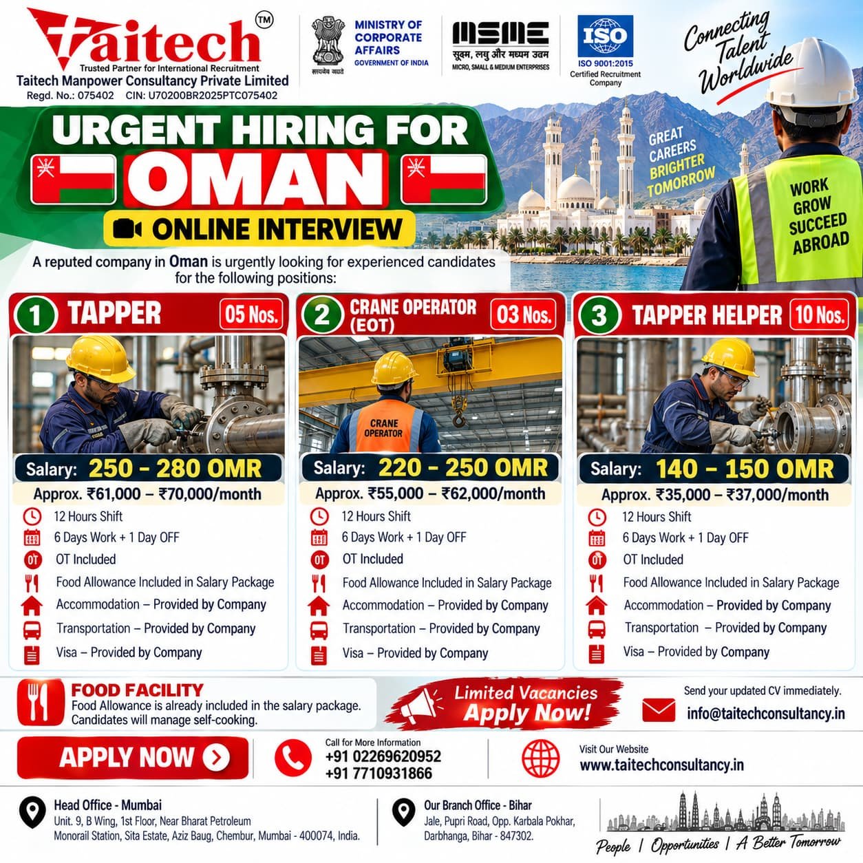 Oman Jobs 2026 – Urgent Recruitment | Tapper, Crane Operator & Tapper Helper