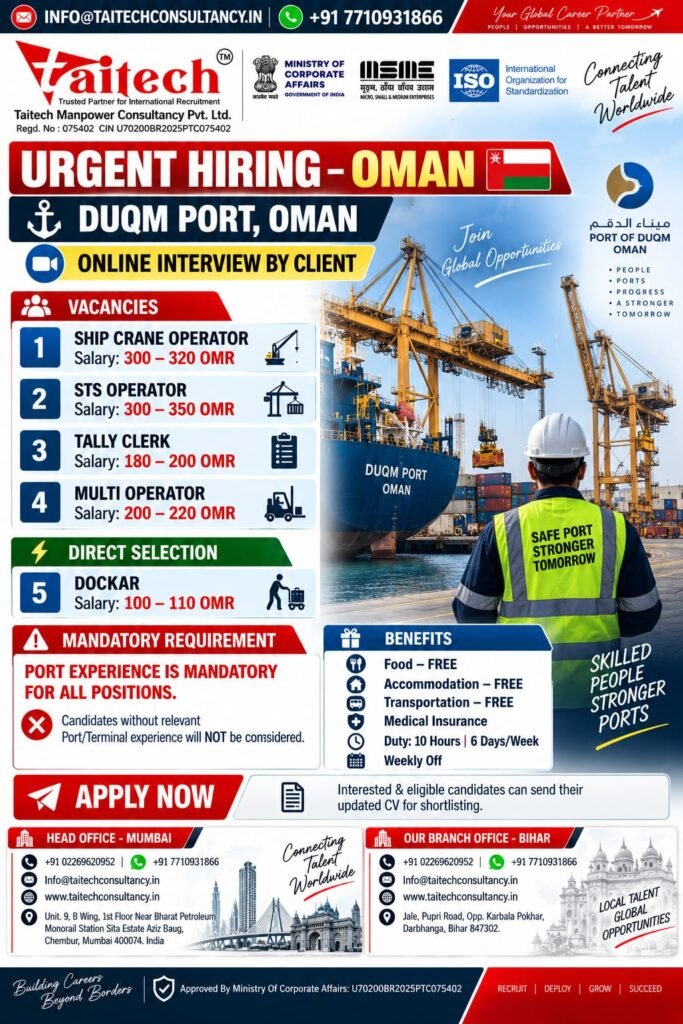 Oman Jobs 2026: Urgent Hiring for Duqm Port 