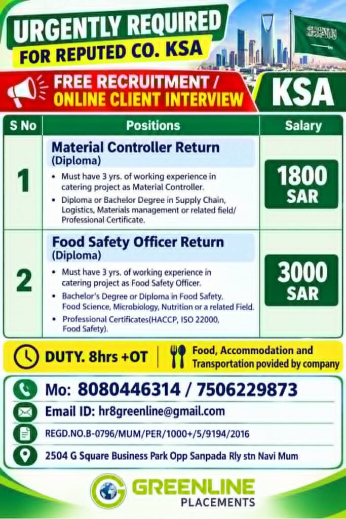 Saudi Arabia Jobs 2026 – Free Recruitment for Material Controller and Food Safety Officer